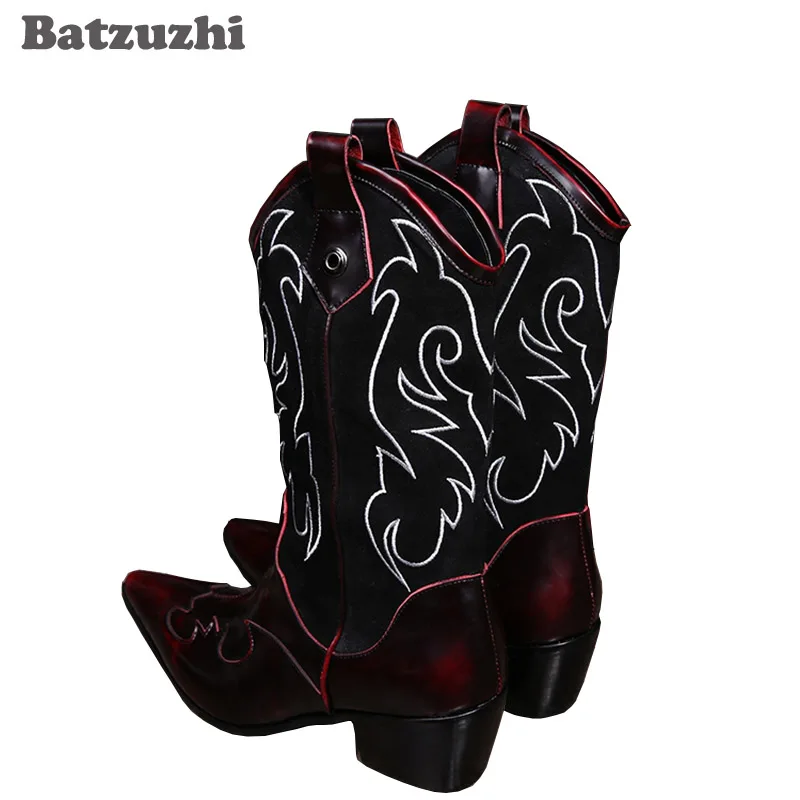 Batzuzhi 2020 Winter Rock Man's Boots Long High-top Shoes Embroidered Flowers Retro Casual Man Boots Leather Motocycle Boots!