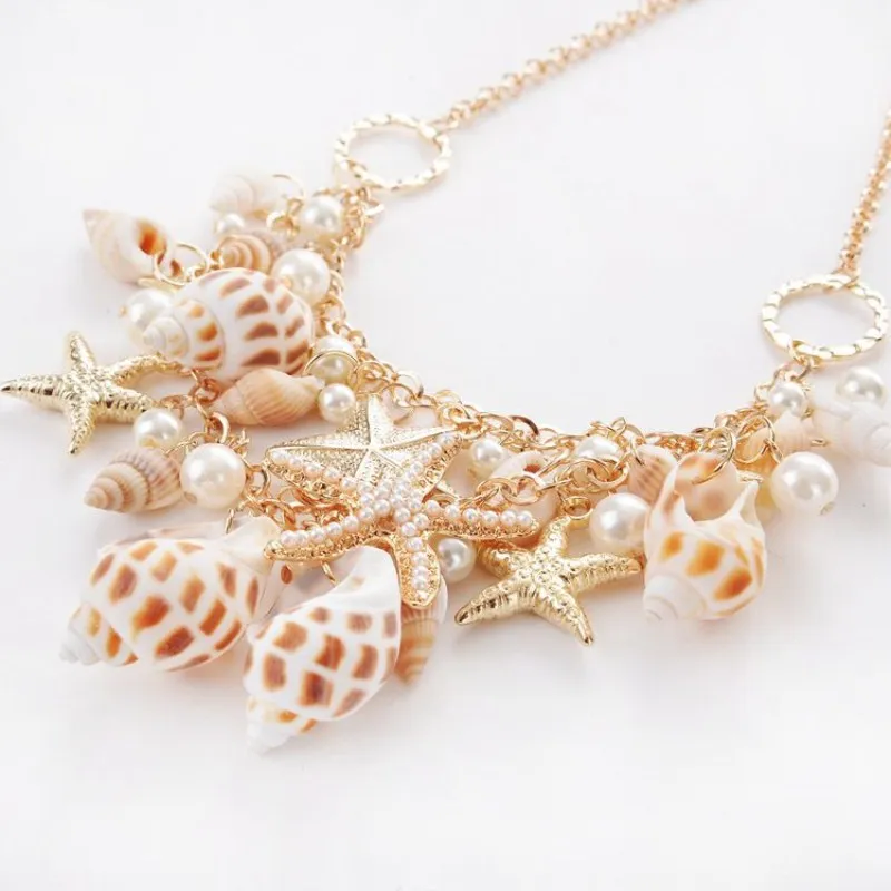 New Summer Beach Necklace Starfish Conch Pearl Shell Multielement Ladies Pendant Necklace Holiday Accessories Gift