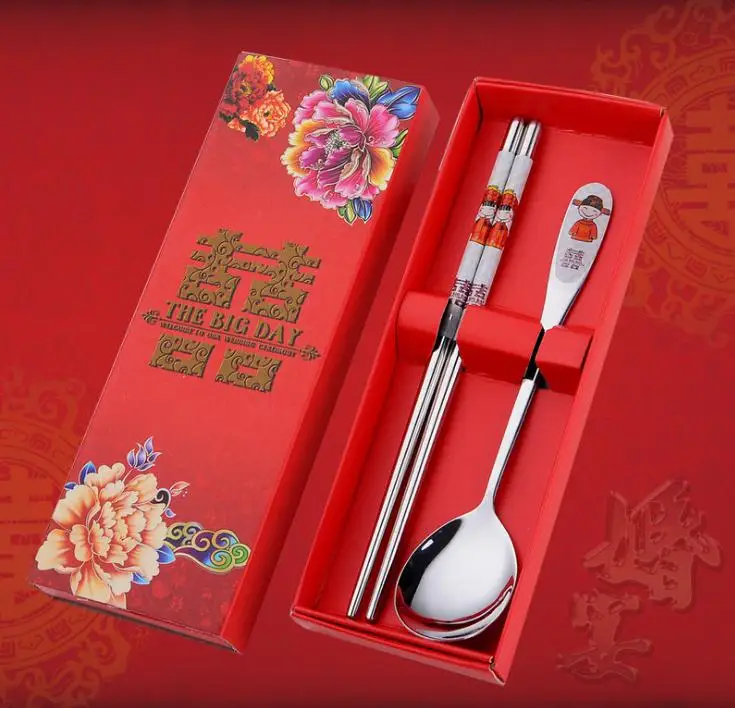 200sets Double Happiness Dinnerware Spoons Chopstick Sets in Gift Boxes Wedding Gift Party Favors SN1648