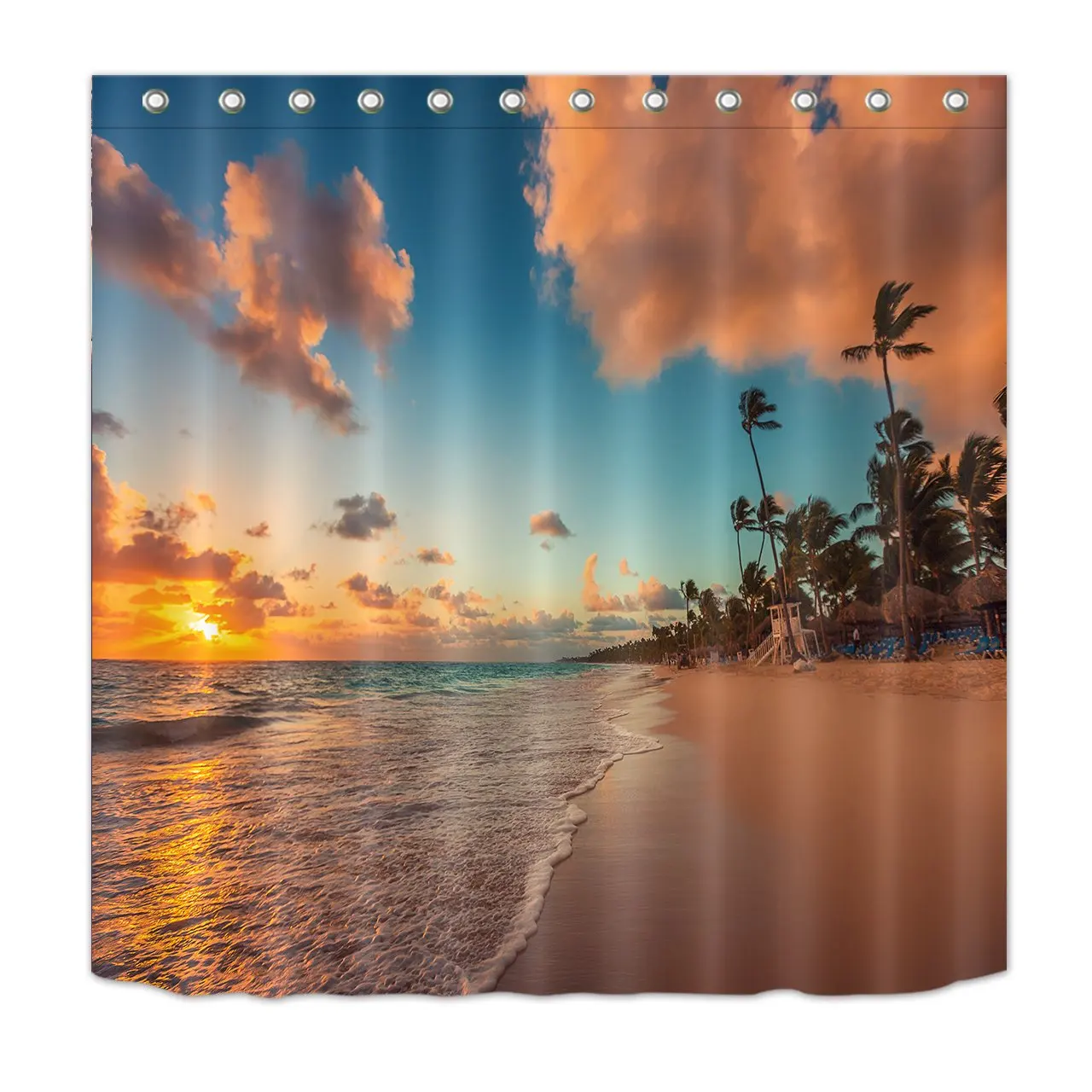 Ocean Theme Sunset Shower Curtains for Bathroom Cloud Sea Waves Sand Beach Waterproof Fabric Bath Decor