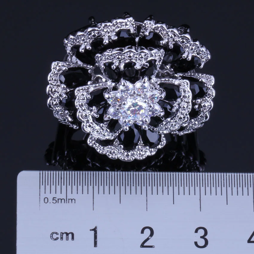 Very Good Huge Flower Black Cubic Zirconia White CZ Silver Plated Ring V0533