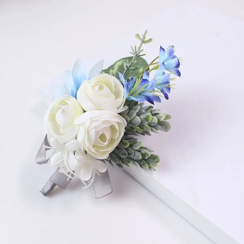 Romantic White Wedding Boutonnieres and Wrist Corsage Silk Rose Hand Flowers Bridesma Wrist Flower Blue Bridal Bouquet Accessory