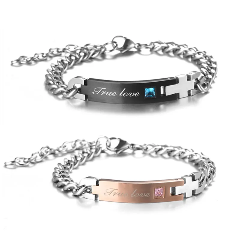 

Trendy Couple Jewelry Stainless Steel True Love Rhinestone Bracelet For Women Men Bangles Gift