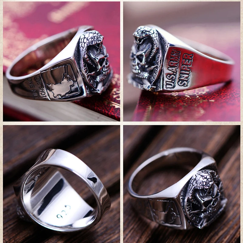 Punk Rock Skull Ring & US Army Soldier Sniper Ring Solid Real 925 Sterling Silver for Men Vintage Thai Silver Jewelry