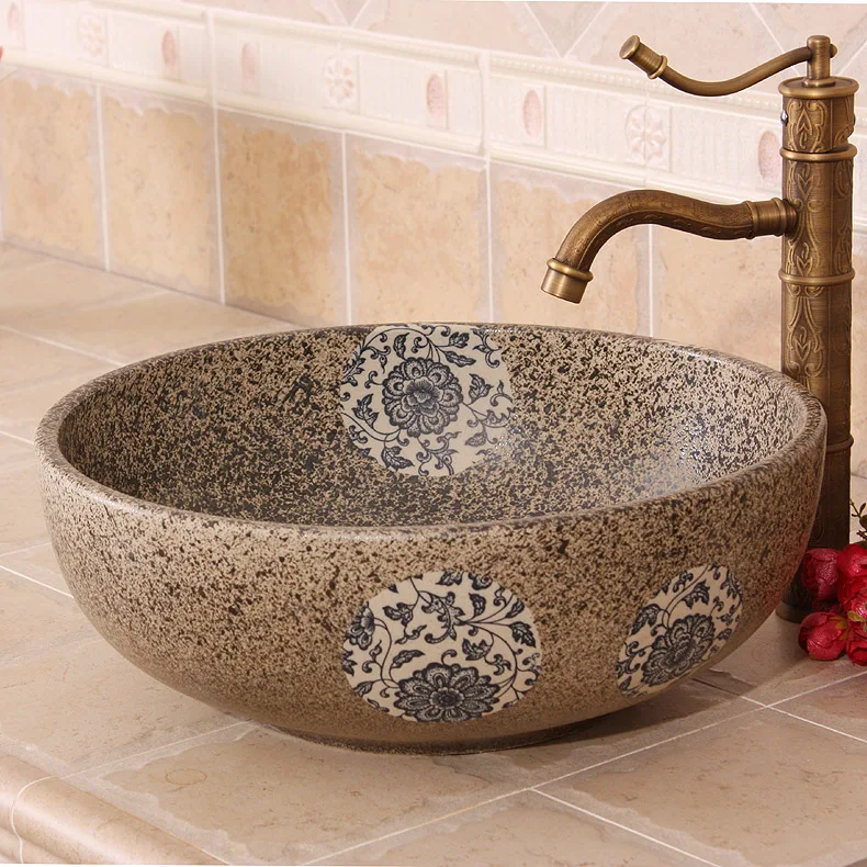 Gray cloth wrapped lotus flower Painting China Artistic Ceramic wash basin Round Counter top ceramic antique hand wash basin