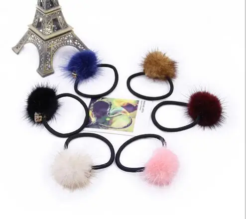 

2017 New Hair Bands Mink Fur PomPom Hair Accessories Handmade for Girl kids women Children Hair Ropes Rhinestone Ponytail Holder