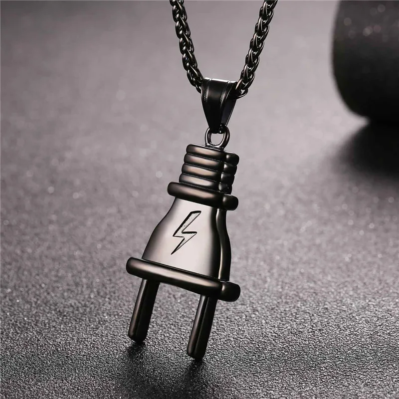 U7 Big Plug Pendant Necklace For Men/Women Black Stainless Steel Rope Chain Retro Kpop Steam Punk Jewelry QC24