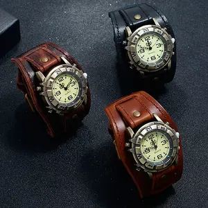 2025 Retro Large Width Width Genuine Leather Bracelet Men's Watch Punk Quartz Manguit 12 Main Sales Different Watch - №4
