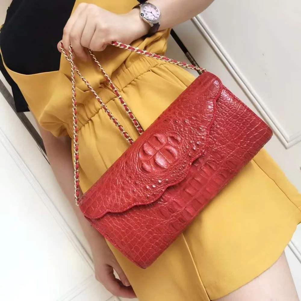 Top quality 100% genuine real crocodile leather head skin women tote shoulder cross body lady bag with gold chain strap purple