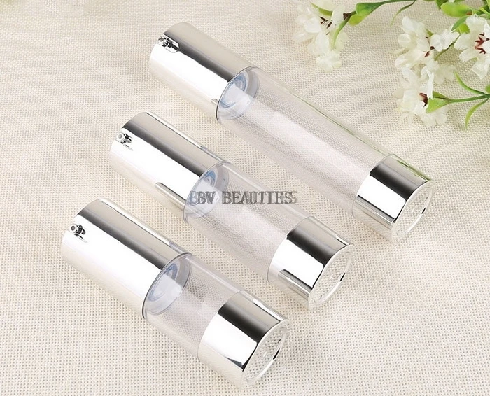 

300pcs/lot Silver 15ml 30ml 50ml Airless Pump With Clear Body Bottle By Self Empty Reusable Refillable Diy Skin Care Creations