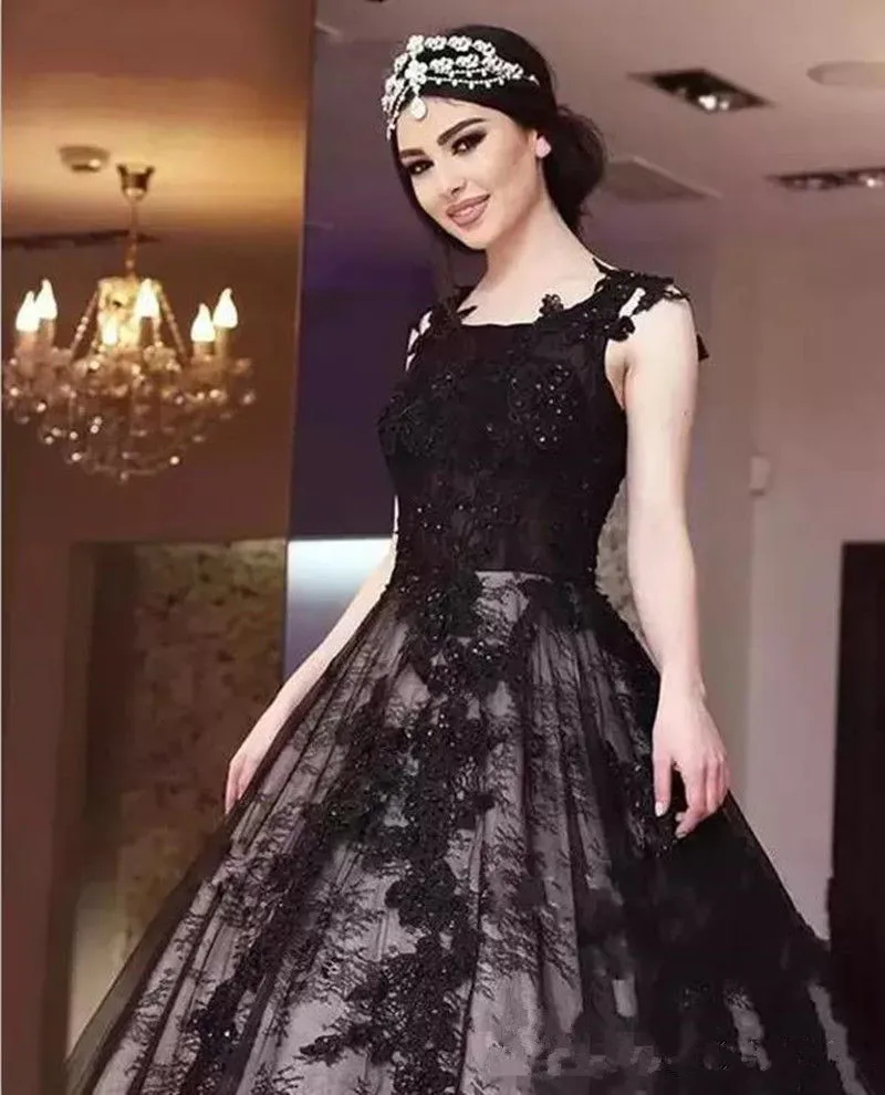 Elegante Vestido De Novia con Apliques De encaje negro, línea A, espalda abierta, cuentas, gótico, talla grande, Vestido De Novia