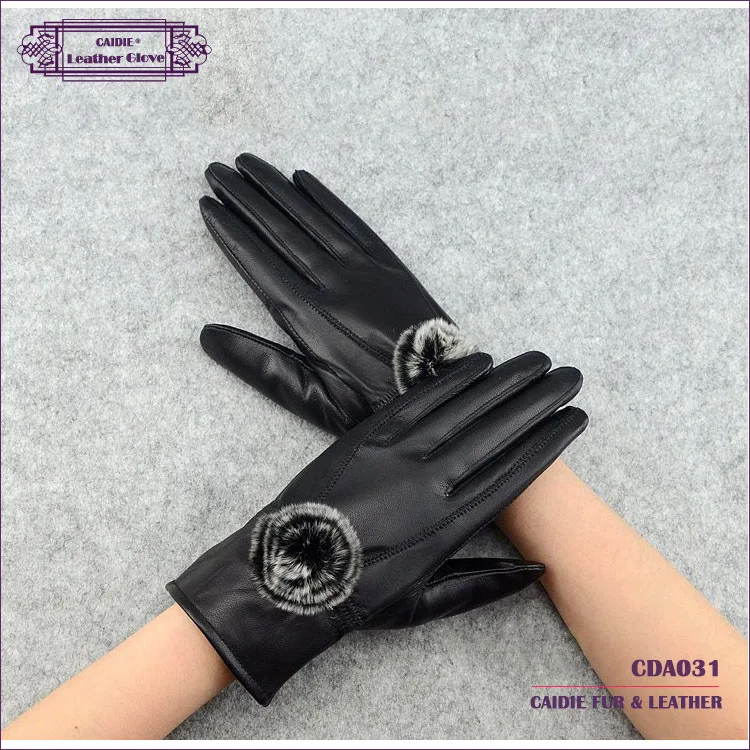 Real Sheepskin Leather Gloves Women Winter Warm Genuine Leather Warm Glove With Rex Eabbit Fur Rose Female