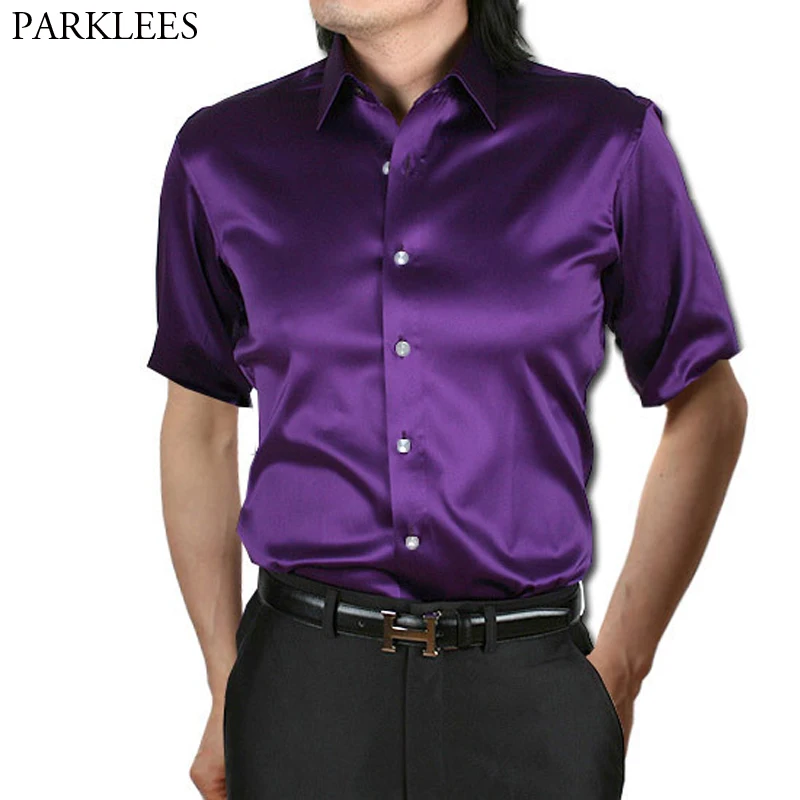 Purple Silk Luxury Dress Shirt Men 2019 Summer Short Sleeve Smooth Satin Shirts Mens Busienss Casual Club Party Chemise Homme