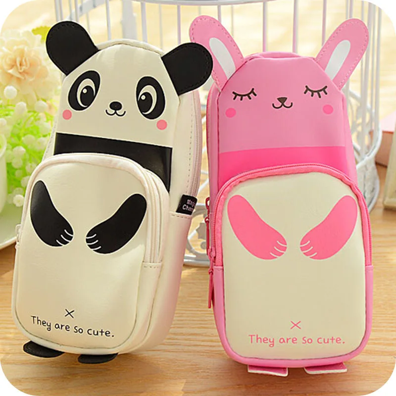 Kawaii Panda & Rabbit Large Capacity Pu Leather Pencil Case Stationery Storage Organizer Bag School Supply Escolar Papelaria