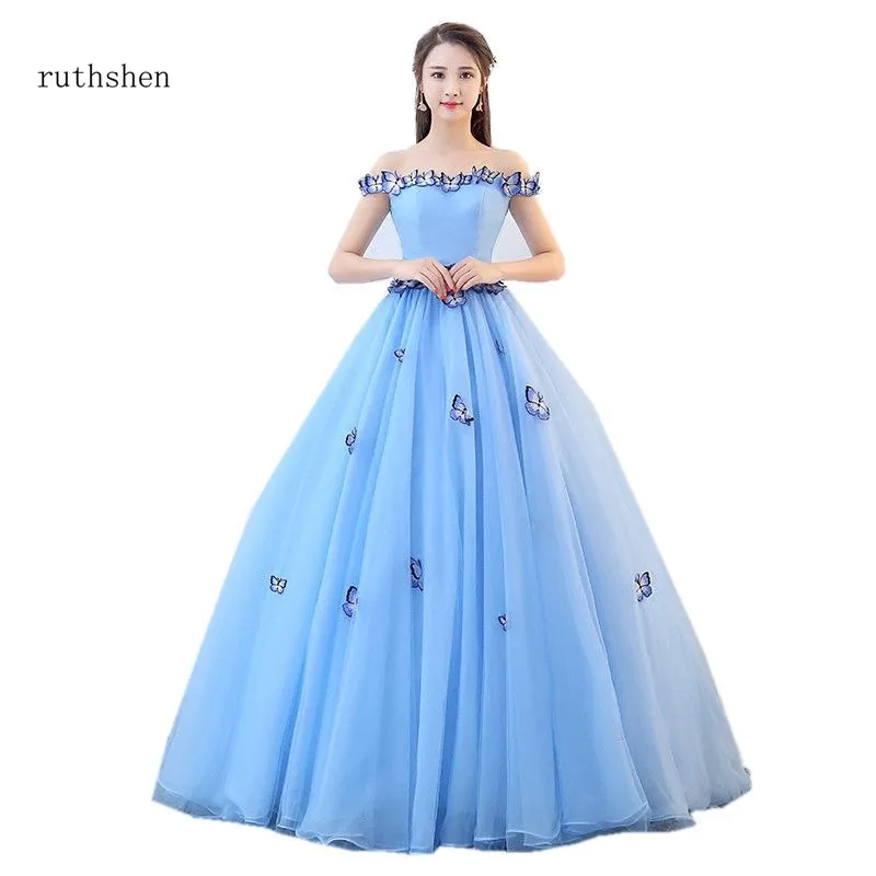 Ruthshen-Vestido de hada para baile de graduación, traje de baile de graduación azul claro, Vestido de mariposa para quinceañera, Simple, sin hombros