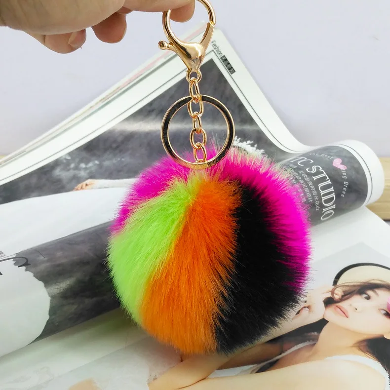 Fashion hair ball Keychain 9cm Colour Faux Fur Pompom Pendant Key Chain new Lovely Key Holder female Bag Charm Accessories K1679