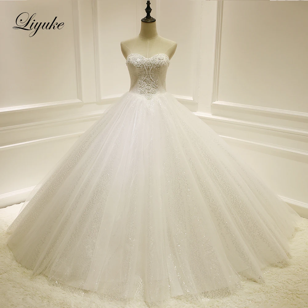 Liyuke Strapless Sweetheart Neckline  A Line Wedding Dress Glitter Tulle Floor Length Without Train Bridal Gowns