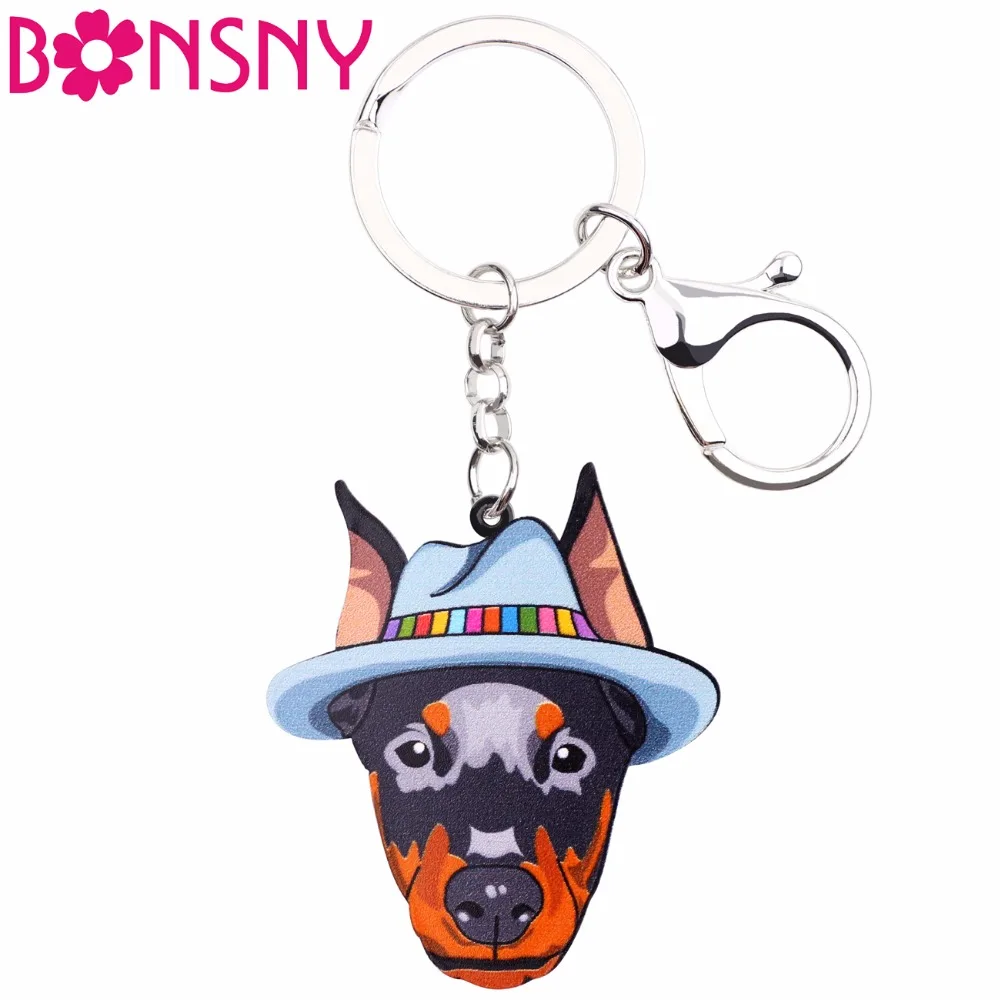 Bonsny Acrylic German Doberman Pinscher Key Chain Key Ring Women Handbag Pendant 2017 New Charm Dog Jewelry Car Key Accessories