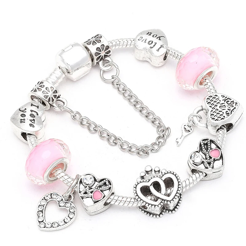 BAOPN European Pink Heart To Heart Beads Charm Bracelets For Women Fit Brand Bracelet & Bangle Couple Jewelry Dropshipping