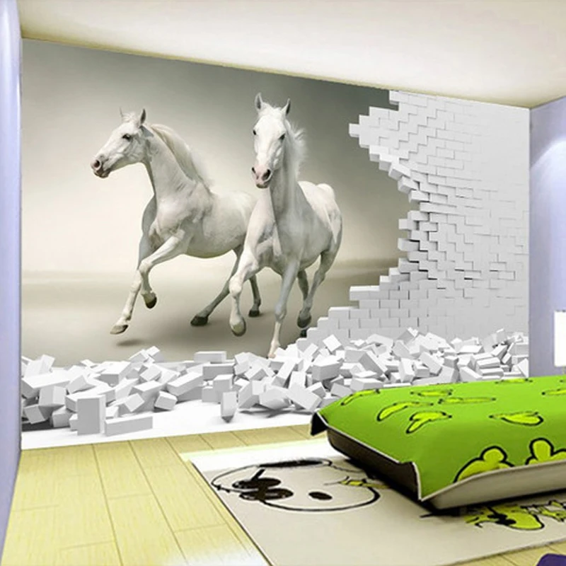 

Custom 3D Wall Murals Wallpaper 3D Stereoscopic White Horse Brick Wall Art Mural Living Room Bedroom Background Papel De Parede