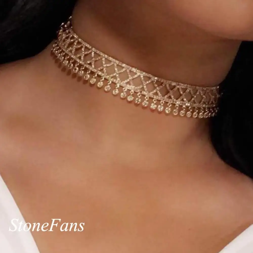 StoneFans Popular Cubic Zirconia Tie Chain choker necklace for Women adjustable length trendy geometric chokers necklaces N6087