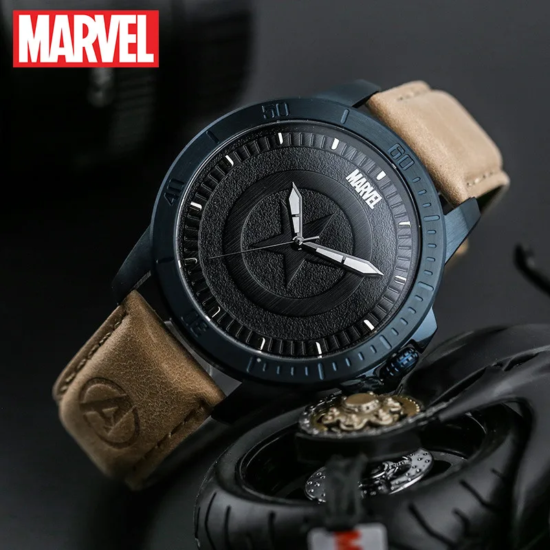 マーベル-メンズアベンジャーズキャプテンアメリカシェルクォーツ時計、メンズラグジュアリーウォッチ、レザーストラップ、トップブランド、新しい、M-9025