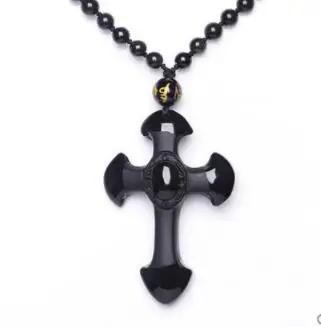 

Natural Stone Obsidian Cross Amulet Pendant Necklace Hand Carved Pendant with Lucky Free Beads Chain For Women Men Jewelry