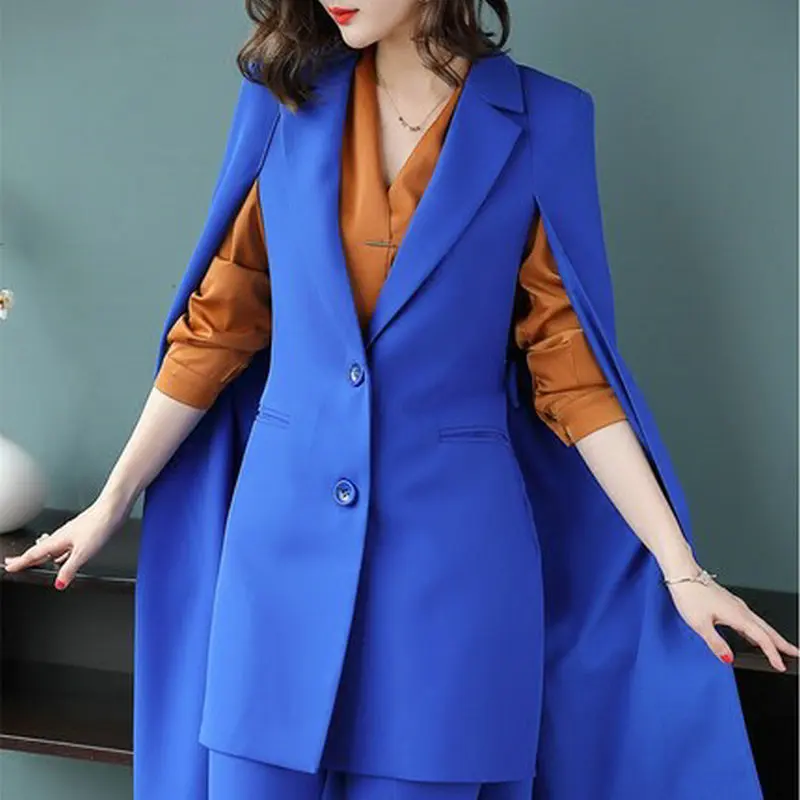 2018 Spring Office Lady Long Trench Coat Cloak Shawl Coatand Wide Pants Suit Women's Fashion Bule Two Pieces Set