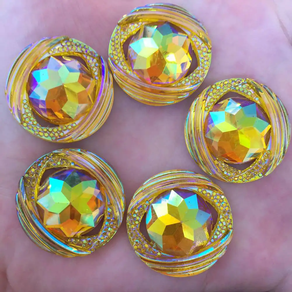 New 6pcs 25mm AB Resin Round FlatBack Flower Rhinestone Embellishment 2 Hole Buttons R86