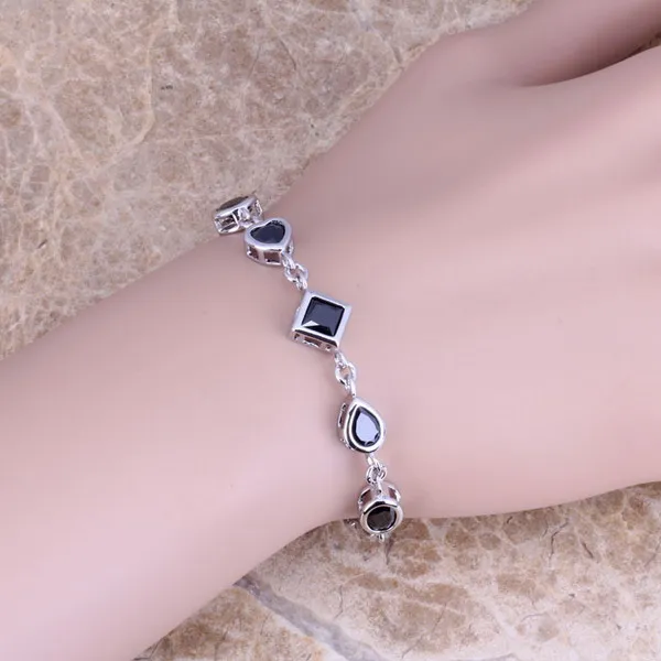 Attractive Black Cubic Zirconia Silver Plated Link Chain Bracelet 6 - 7.5 inch Free Jewelry Bag S0372