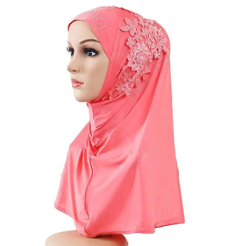 Diamonds Lace Hijab Muslim Women One Piece Amira Overhead Prayer Hijabs Instant Scarf Headscarf Shawls Wrap Pull On Ready Made