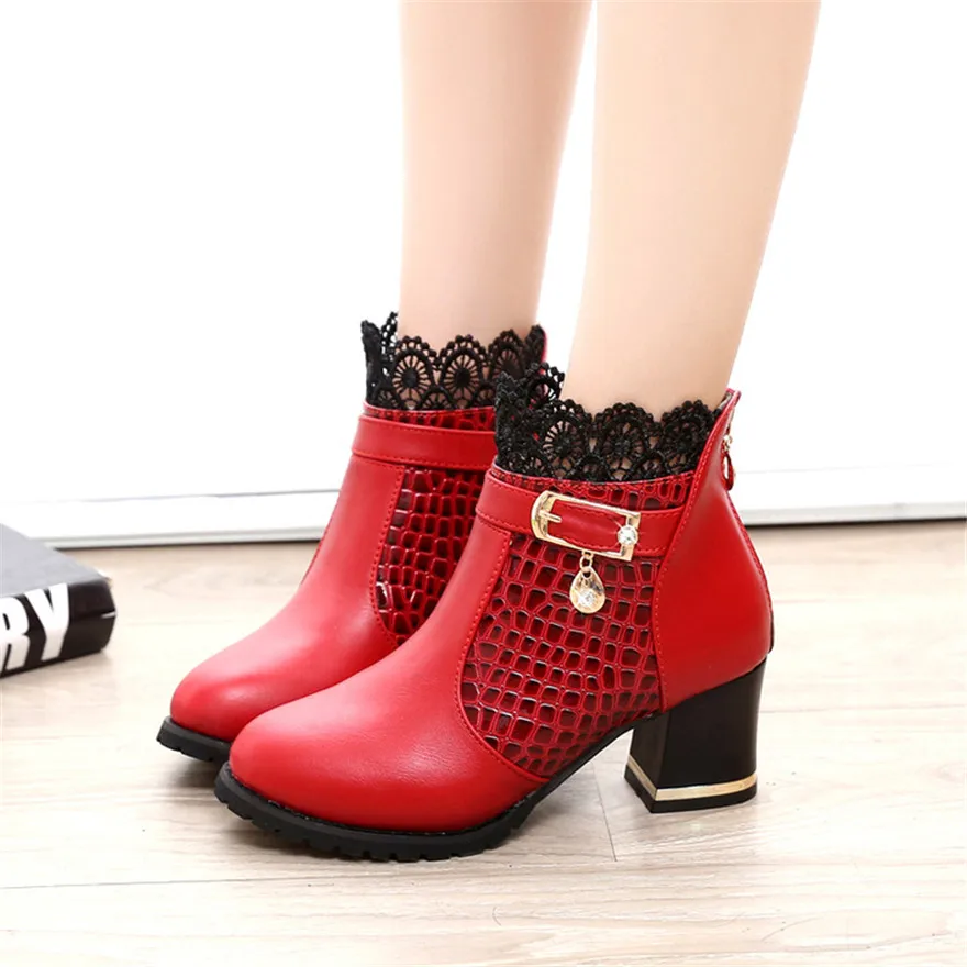 2024 Round Toe Women Fashion Crystal Belt Buckle Boots 6CM Square High Heels Shoes Sexy Leopard Lace Ankle Boots Woman Red Black