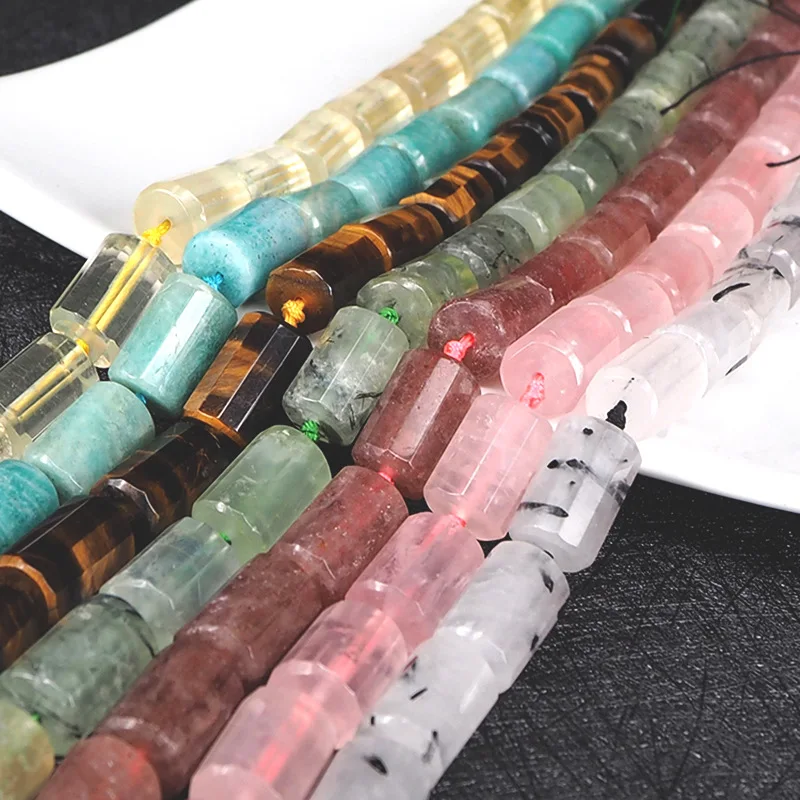 

12x17mm Natural Rose Quartzs/Tiger Eye/Amazonite/Strawberry Quartz/Prehnites Stone Beads Cylinder Faceted Loose Stone Beads DIY