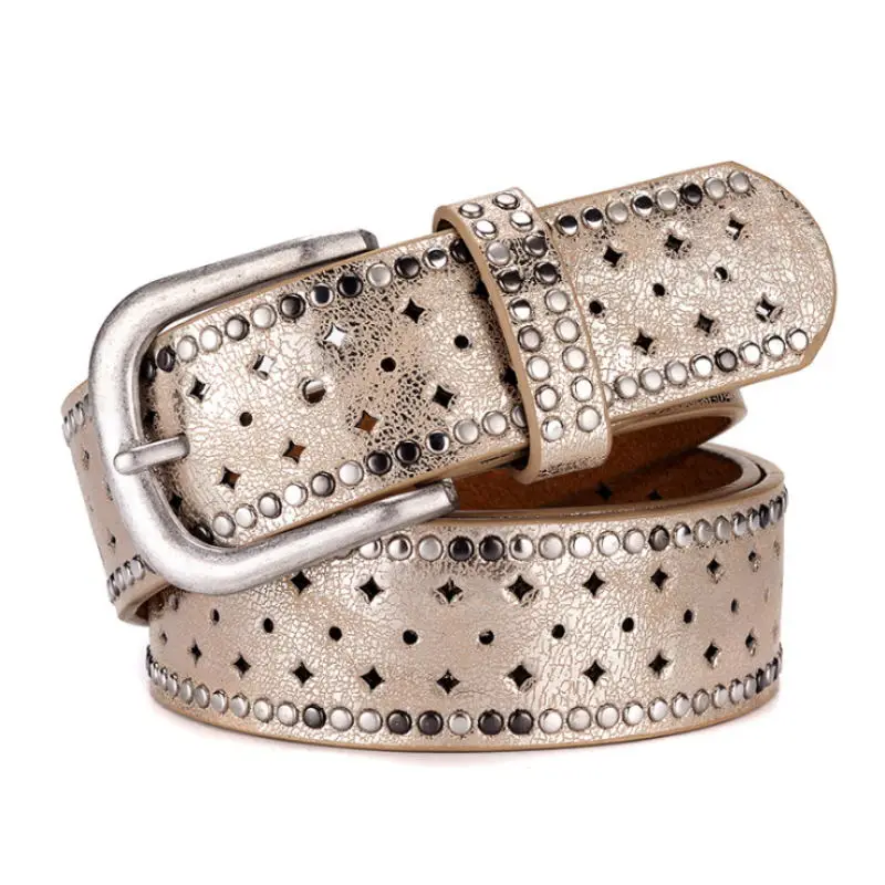 BOKADIAO Women Belt Punk Pin Buckle Vintage Hollow Rivets Luxury Lady's Original Leather Belts for Women Waistband Female Strap