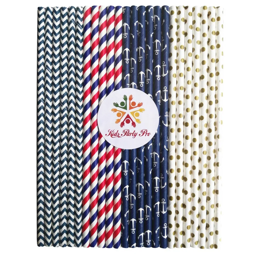 100 Pcs Drinking Paper Straws Mix,Navy Red Striped,Gold Swiss Dot,Deep Blue Anchor,Navy Chevron,Sea Nautical Birthday Party Bulk