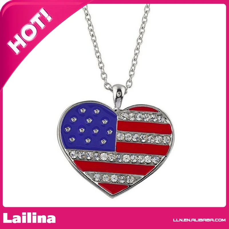 Silvertone American Flag American Bling Heart Charm Necklace