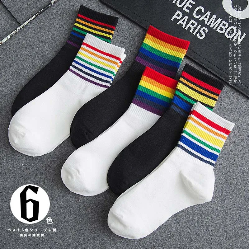 Autumn And Winter Cotton Women's Socks Rainbow Socks College Wind Student Sports Fashion Trend Socks Breathable Wicking Stripes