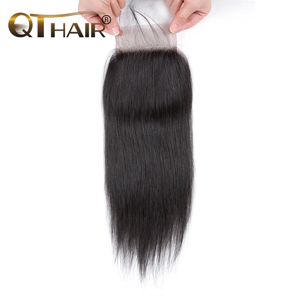 Fechamento Cabelo Brasileiro Fechamento Do Laço Do Cabelo Humano Em Linha Reta do QT 4X4 Gratuito Oriente Três Parte Com o Cabelo Do Bebê Remy cabelo 10-20 Polegada