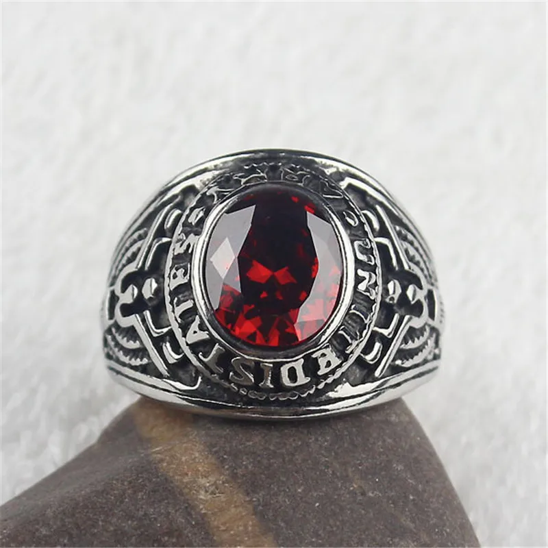Red CZ Crystal Men\'s Stainless Steel United States Military Army Ring