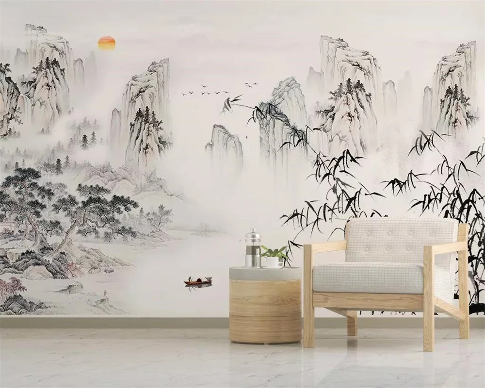 

Customized 3d Wallpaper mural chinese artistic conception abstract ink landscape bamboo living room background wall 3d wallpaper