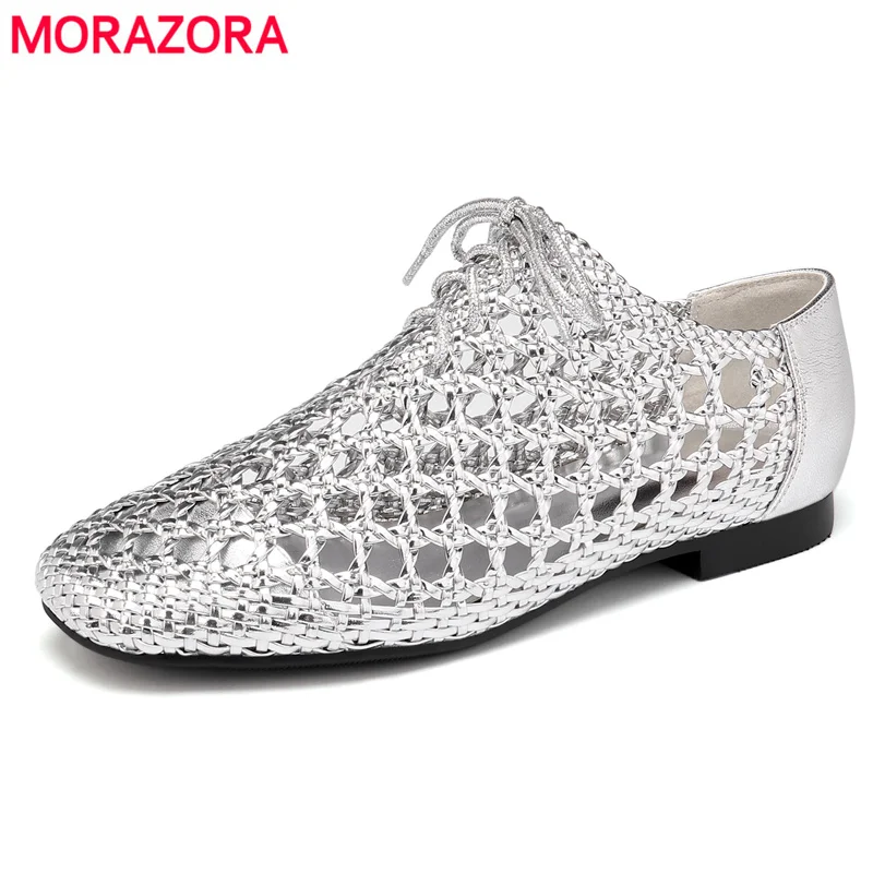 

MORAZORA 2021 new arrive genuine leather shoes women flat shoes lace up round toe cut outs weaving summer shoes ladies flats