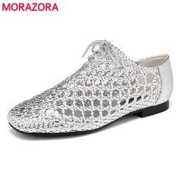 MORAZORA 2021 new arrive genuine leather shoes women flat shoes lace up round toe cut outs weaving summer shoes ladies flats