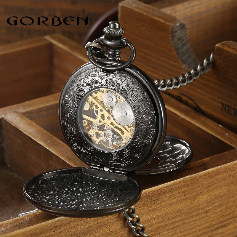 Reloj de bolsillo para hombre, cronógrafo mecánico de talla hueca, Estilo Vintage, Steampunk, números romanos, cadena de cintura, bobinado a mano