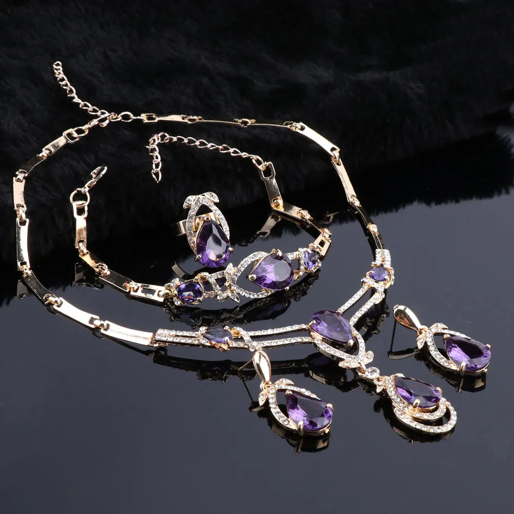 Women Gold Color Purple Zircon Crystal African Beads Necklace Bracelet Earring Ring Saudi Jewelry Set Party Bridal Decoration