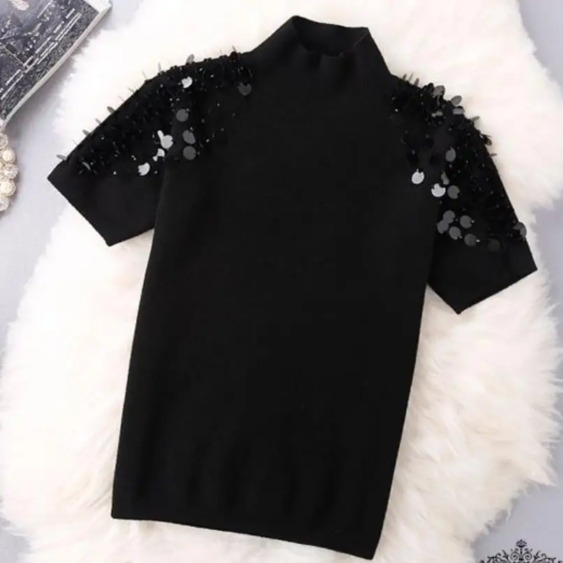 

2023 spring autumn new fashion beaded sequins high collar pullover short-sleeved wool knitted shirt women