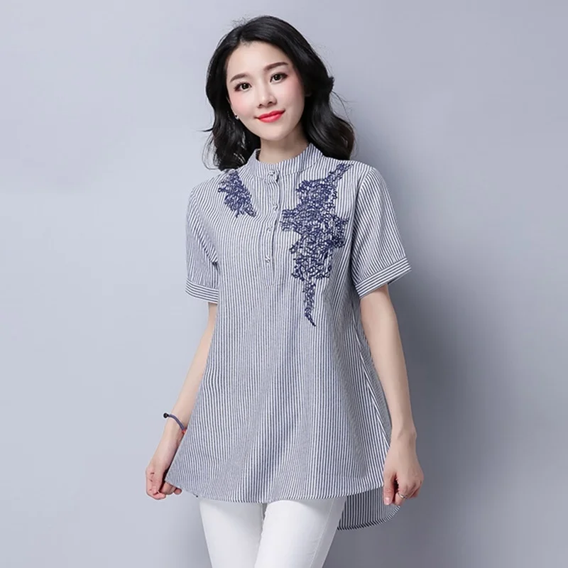 Gestreiften Frauen Tops Sommer 2019 Neue Koreanische Mode Frau Kleidung Stickerei Floral Kurzarm Lange Hemd Weibliche Bluse DD2122