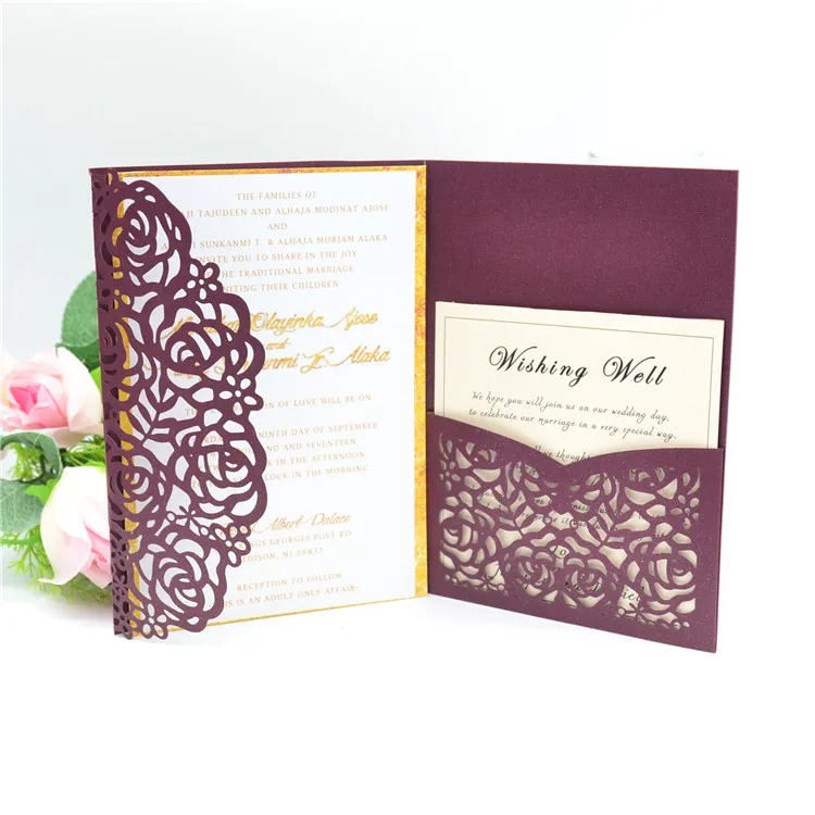 

Tri fold wine red rose laser card wedding invitations elegant