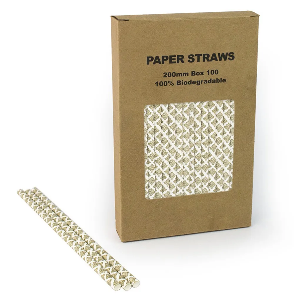 100 Pcs/Box Gold Damask Paper Straws Bulk,Vintage Anniversary Christmas Birthday Wedding Party Coffee Bar Lace Drinking Straws