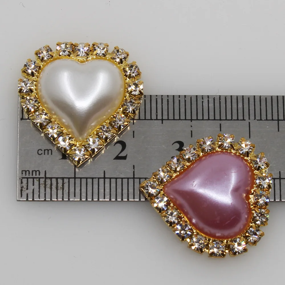New 10pc 21*23mm Gold Base Pearl Buttons Rhinestone Heart Metal Wedding Invitations Decorate DIY Hair Flower Center Scrapbooking
