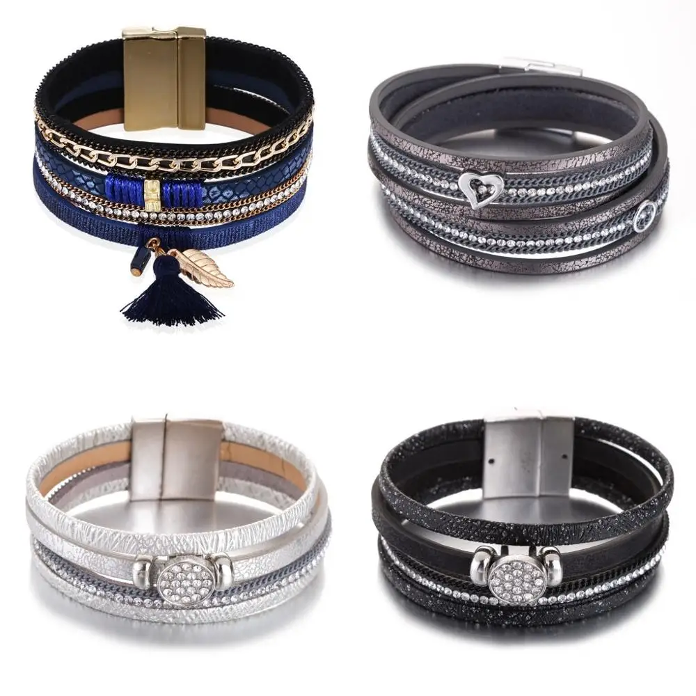 

HOCOLE Fashion Gem Rhinestone Magnetic Leather Bracelets & Bangles Bohemian Handmade Multilayer Wrap jewelry Women gift pulseira